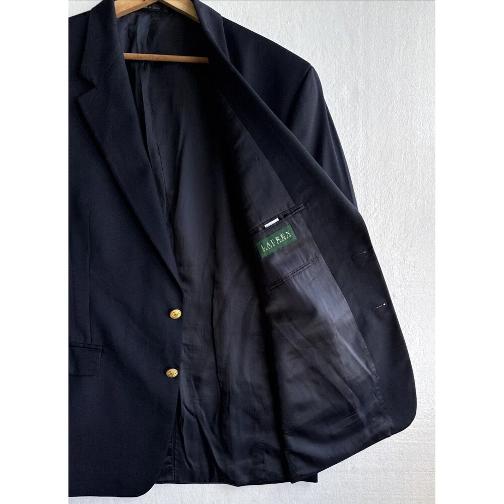 Lauren Ralph Lauren Mens 46R Navy Blue Wool Blazer Sport Coat Gold Crest Buttons